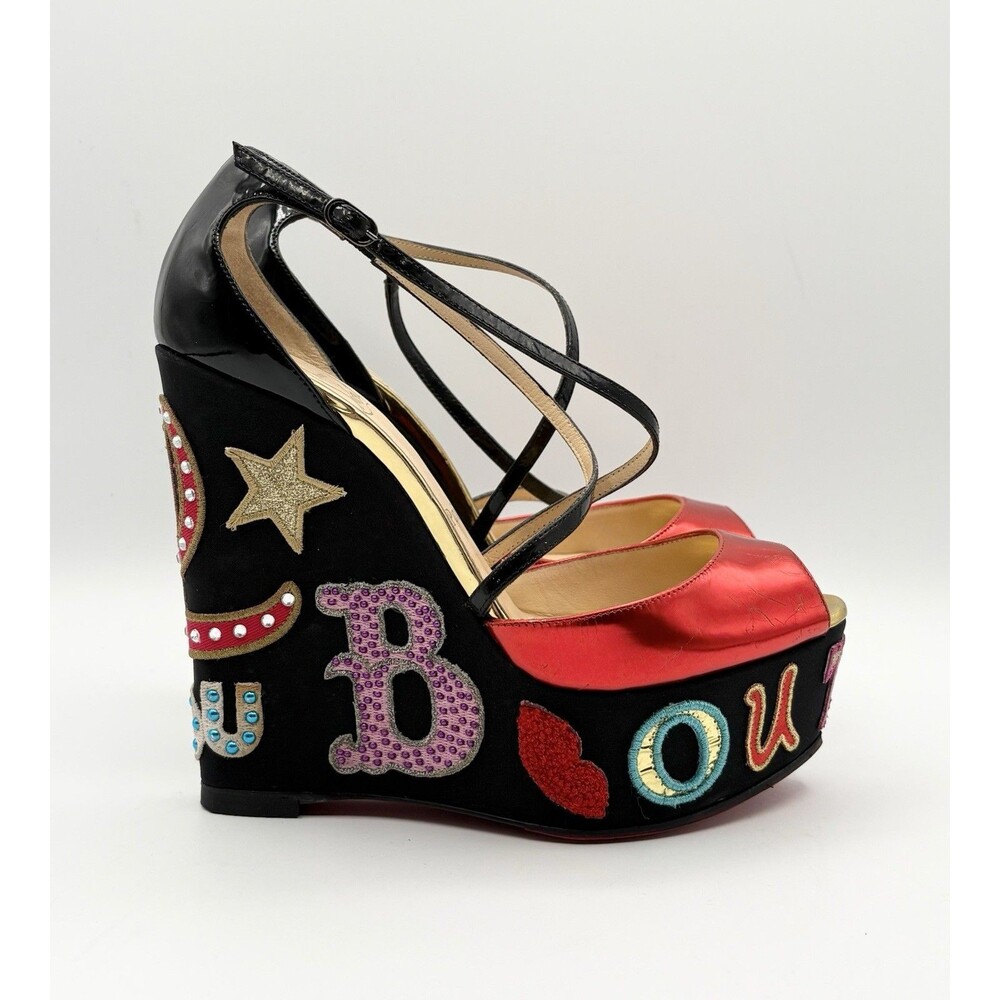 Christian Louboutin Red/Black Patent Leather Loubi Zeppa Patch Wedges EU 38